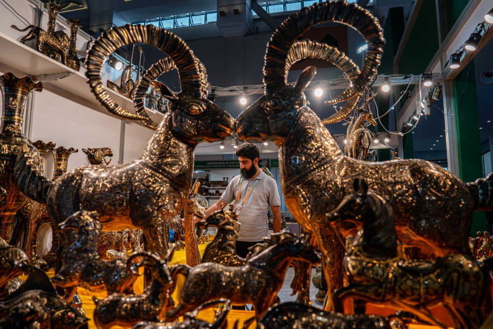 第9届中国—南亚博览会南亚馆巴基斯坦展区的参展商在整理展品（6月19日摄）。