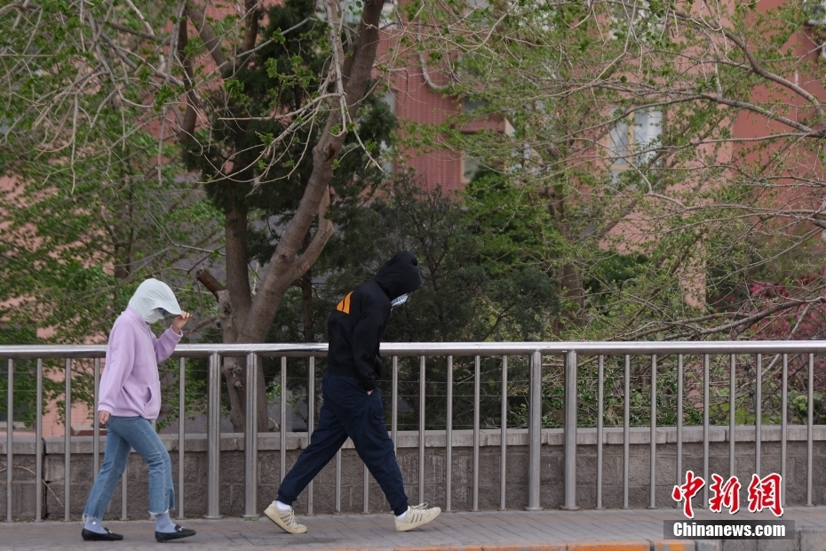4月12日，市民在风中出行。当日，北京大风橙色预警信号持续生效，6时至22时为风力最强时段。中新社记者 蒋启明 摄