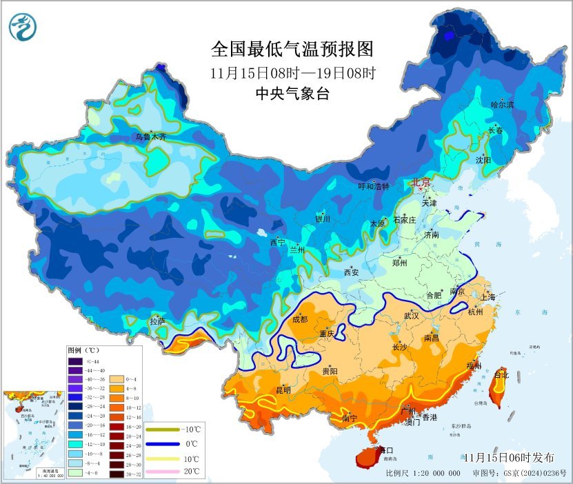 全国最低气温预报图(11月15日08时-19日08时)