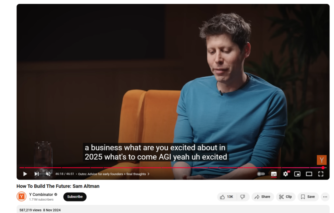 2024年11月，奥尔特曼参与Y Combinator的播客节目的视频截图。