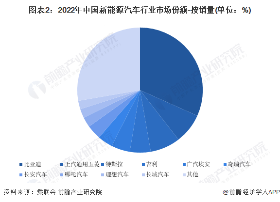 图表2：2022年中国新能源汽车行业市集份额-按销量(单元：%)