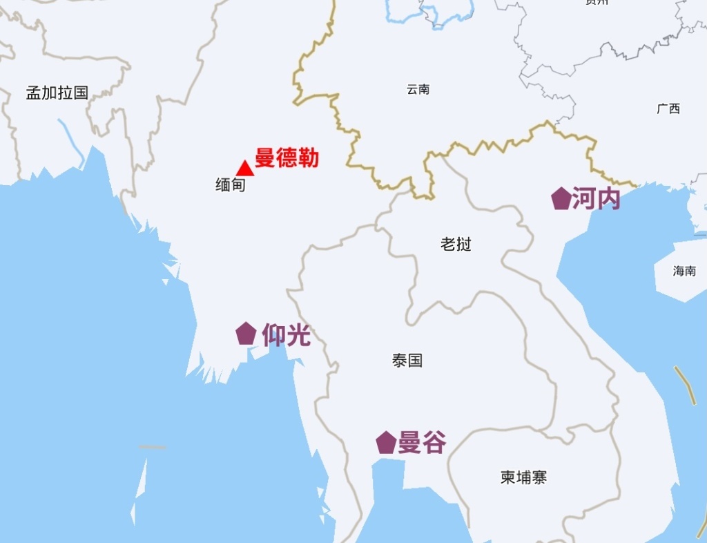 曼德勒、仰光、曼谷和河内等城市有强烈震感。制图 彭玉洁