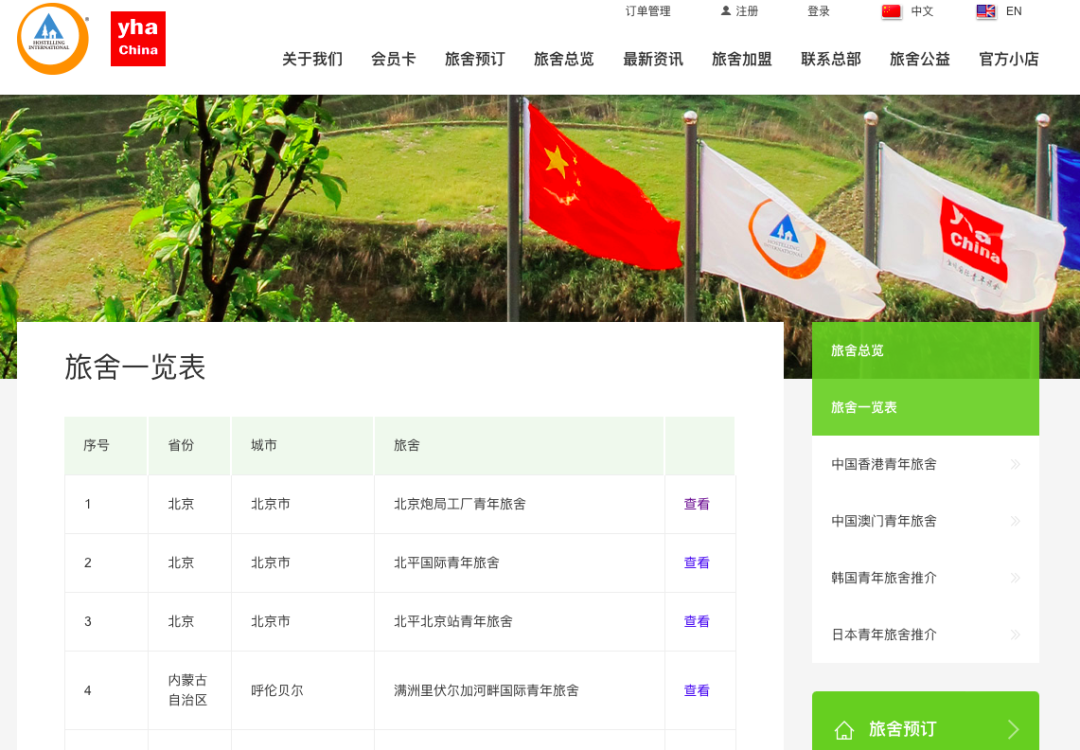 国际青年旅舍联盟(YHA China)的部分认证旅舍。(图/官网截图)