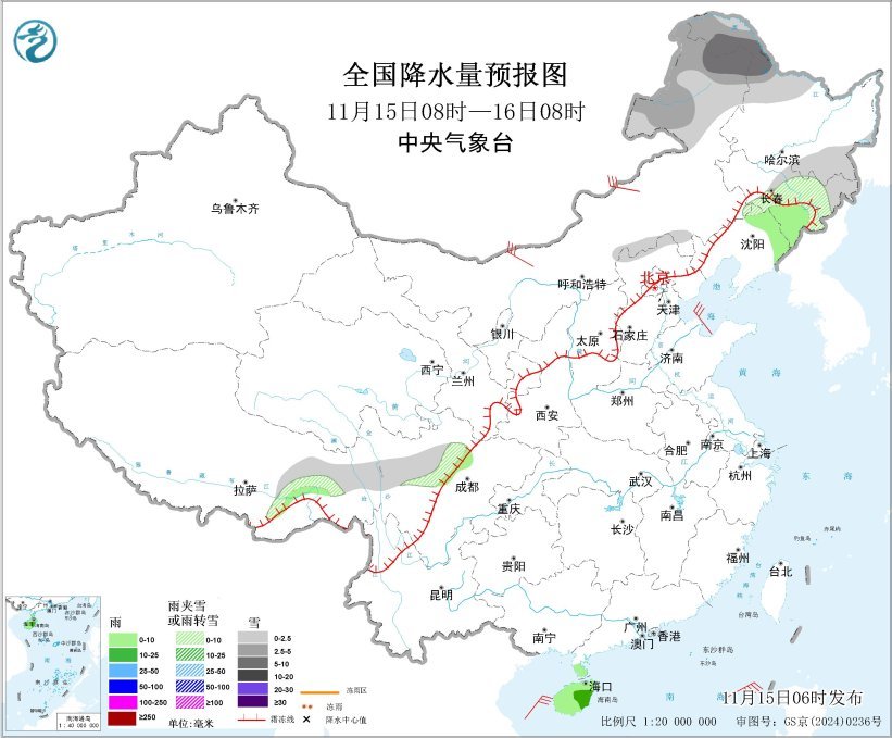 全国降水量预报图(11月15日08时-16日08时)