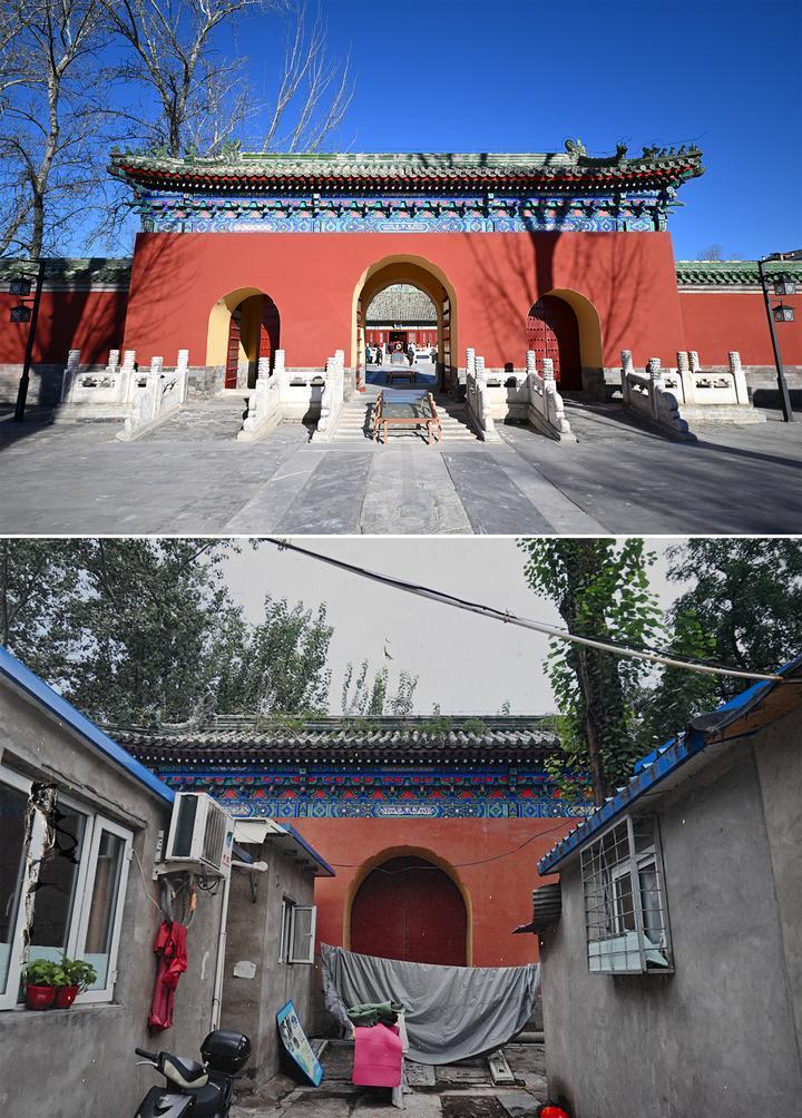 位于先农坛内的庆成宫，曾长时间被杂乱的民居占据。在北京中轴线申遗保护工作的带动下，北京完成了庆成宫区域文物征收腾退、非文物建筑拆除、彩画保护、本体修缮、展览布陈等，让560多年历史的古建群重新回归。2024年12月，北京中轴线上先农坛内的庆成宫首次面向社会公众开放。上图为腾退修缮后的庆成宫内宫门（资料照片）；下图为翻拍的庆成宫内宫门腾退修缮前的资料照片（2024年12月21日摄）。