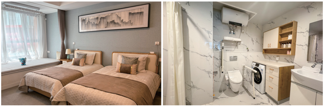 左图:北京顺义,玉兰人家社区的大开间,卧室图。右图:玉兰人家的适老化装修卫生间,足够宽敞,可供轮椅进出,并配有助力扶手。摄影/邹碧颖