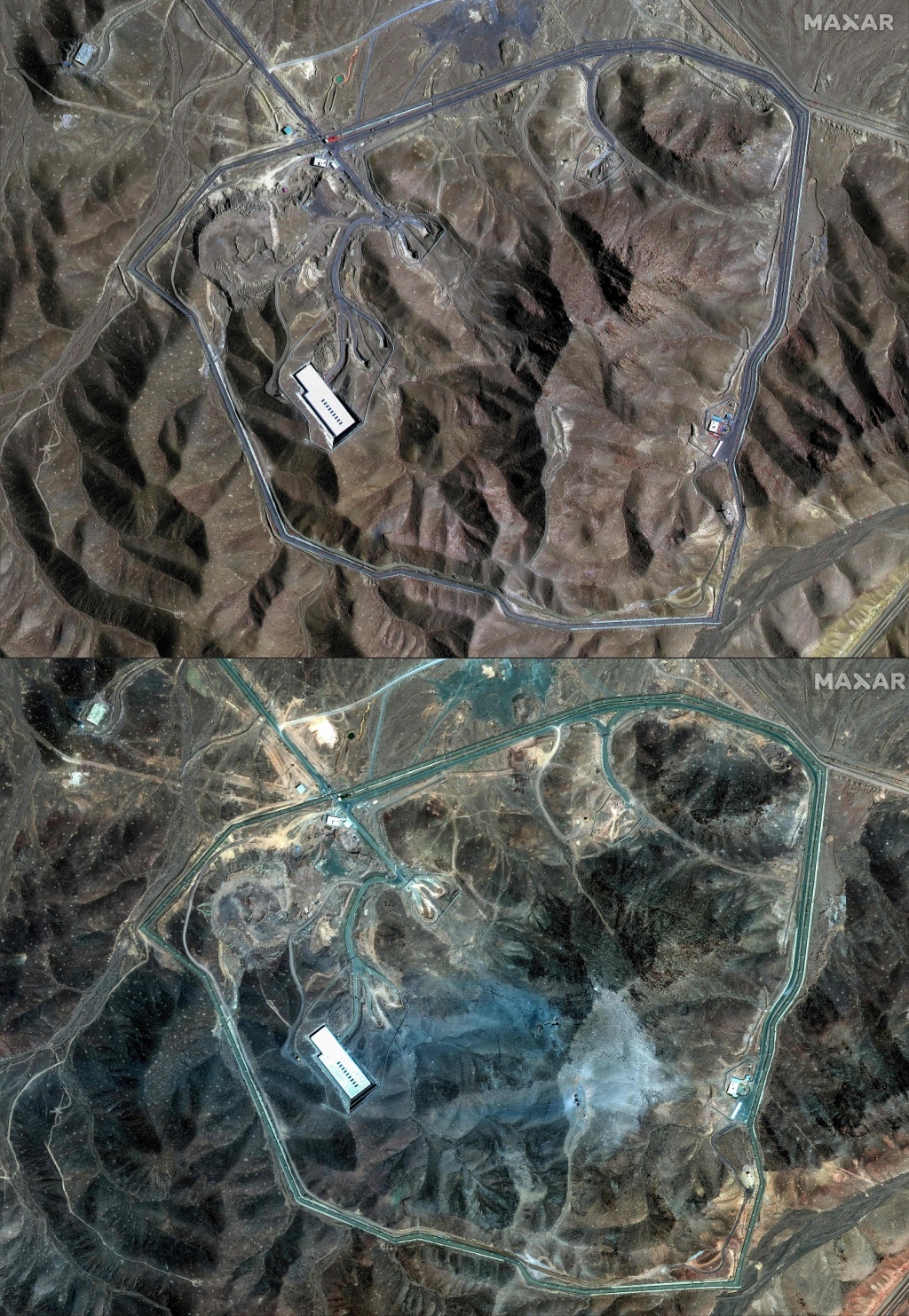 当地时间2025年6月22日，卫星图像组合显示，伊朗福尔道设施在2025年6月19日（上图）和美国对其进行空袭后（下图）的对比。
