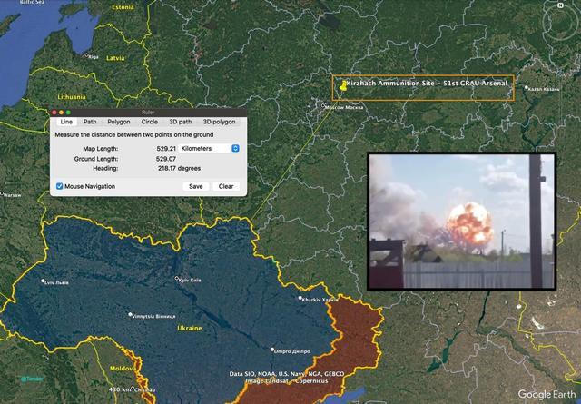 (发生爆炸的军火库距离俄乌边境大约500公里)