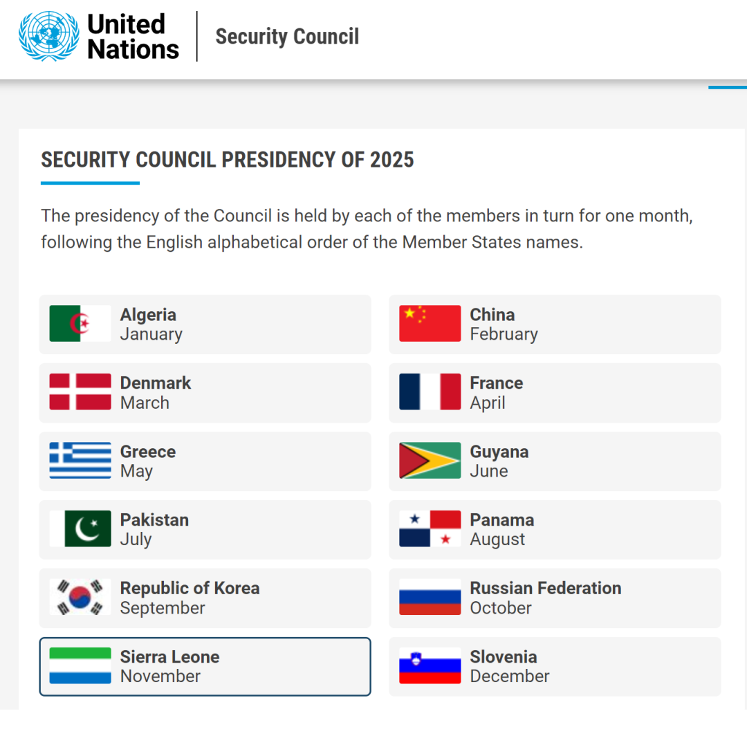 安理会网站公布的2025年轮值次序表截图。