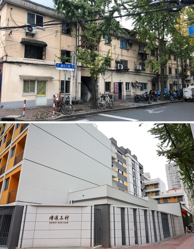 拼版照片:上图是改造前的上海市徐汇区漕溪三村小区居民楼外景(资料照片,新华社发);下图是拆除重建后的漕溪三村小区居民楼外景(2025年10月23日摄,新华社记者方喆 摄)