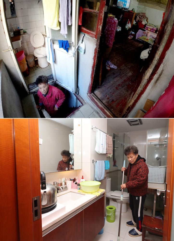 拼版照片:上图是在位于杨浦区杭州路471弄的老房子里,邱燕萍沿着阁楼楼梯走上来,头顶后就是仅够一人使用的卫生间(2020年12月9日摄);下图是邱燕萍在动迁到青浦区的新房子里打扫卫生间地面(2020年12月30日摄)。新华社记者方喆 摄