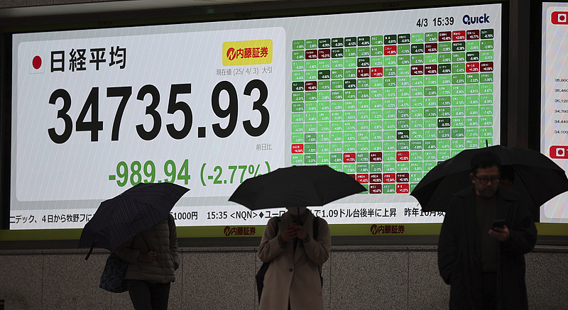 当地时间2025年4月3日，日本东京中央区，日经平均股价在美国总统特朗普宣布相互关税细节后急剧下降。 视觉中国