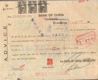 1942年司徒美堂和郭琼之为救济祖国难民、支持中国抗战而汇往中国的银行汇款单。(中国华侨历史博物馆供图)