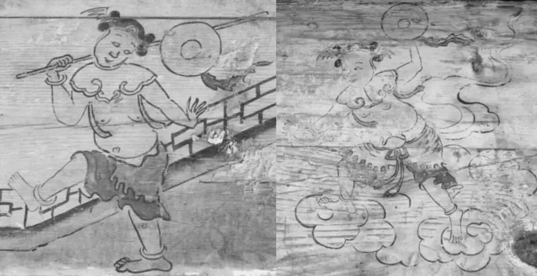 泸定县岚安乡将军庙的戏楼上形态各异的哪吒壁画｜图源：参考文献[3]