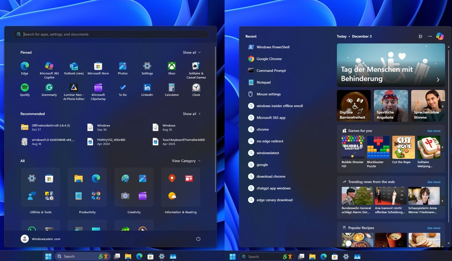 New Start menu vs Search UI height updated