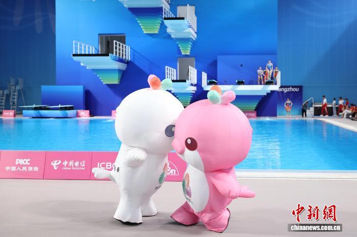 11月11日,第十五届全国运动会跳水项目女子3米跳板决赛在广东省奥体中心游泳跳水馆举行。图为比赛前,十五运会吉祥物带来暖场表演。 中新社记者 陈楚红 摄