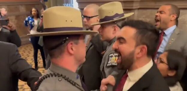 ·马姆达尼在抗议中与警方发生冲突。(视频截图)