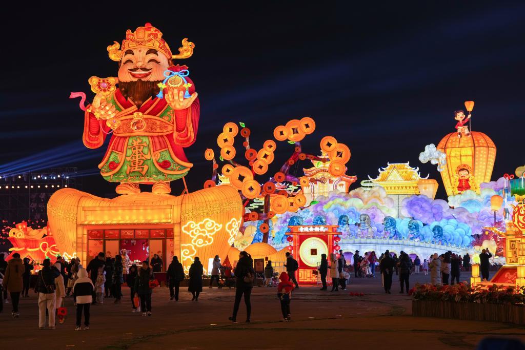 在北京市园博园举行的“2025年京彩新春彩灯嘉年华”上,市民游客在参观展出的花灯作品(2月10日摄)。新华社记者 鞠焕宗 摄