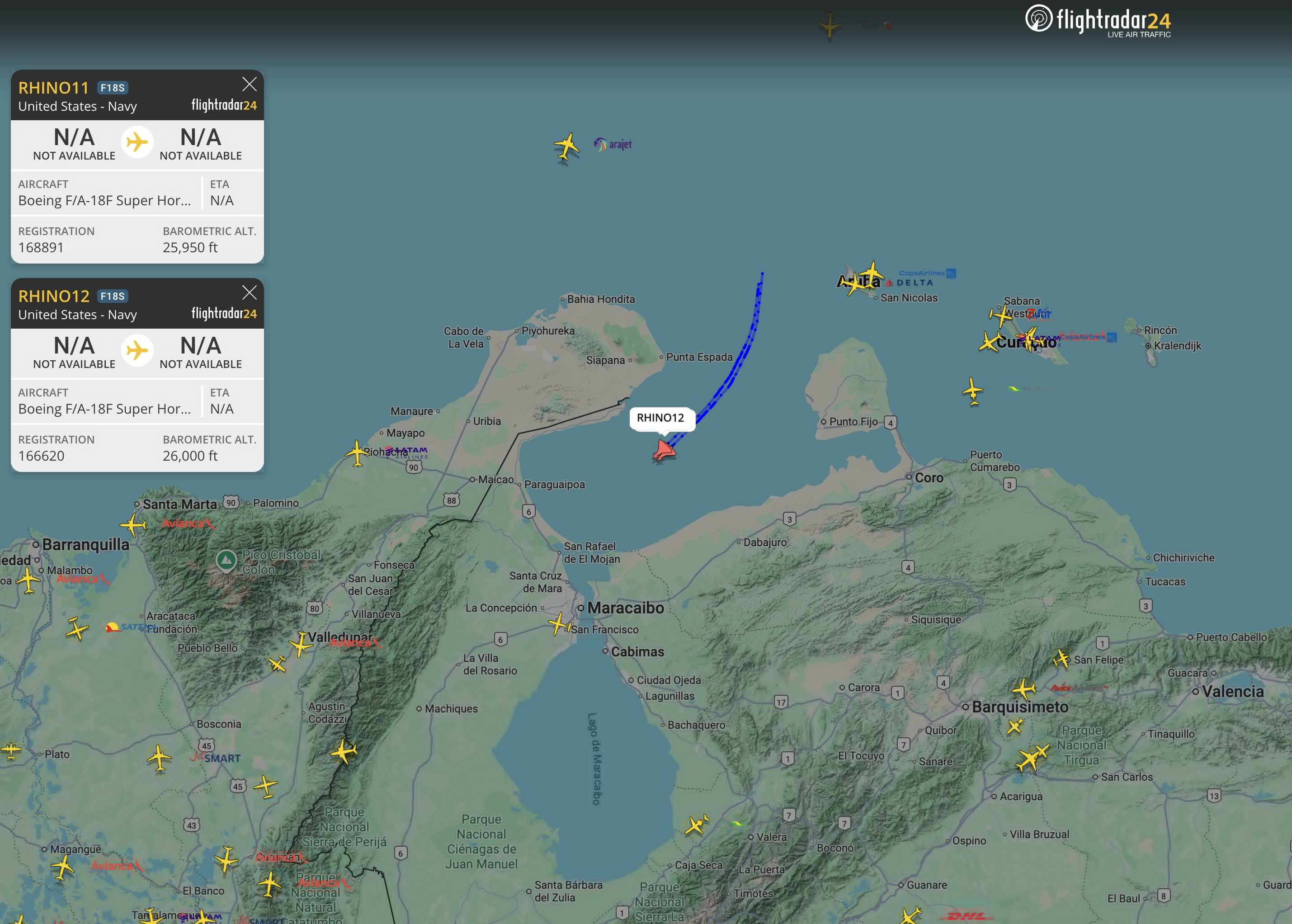 呼号为犀牛11和犀牛12的美军舰载机抵近委内瑞拉Flight Radar24
