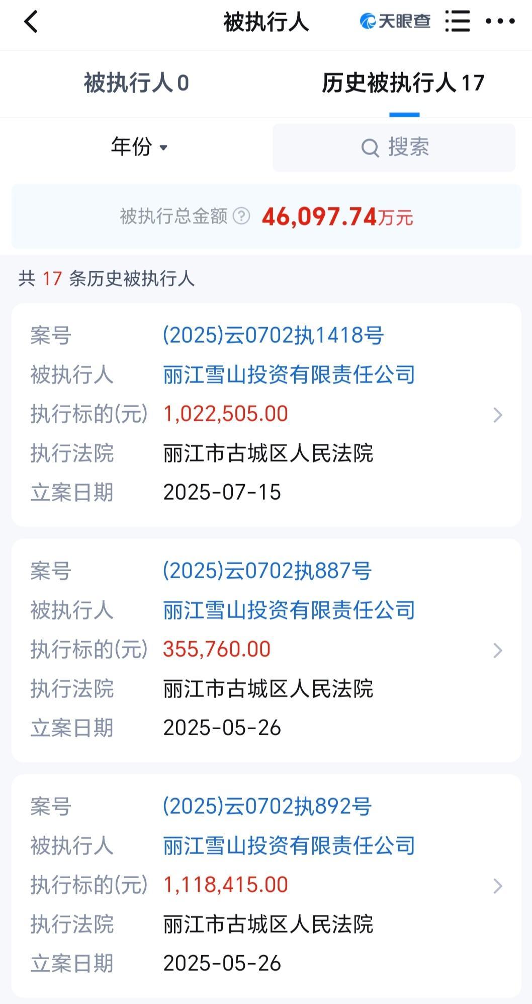 ▲丽江雪山投资有限责任公司被执行总金额超4.6亿