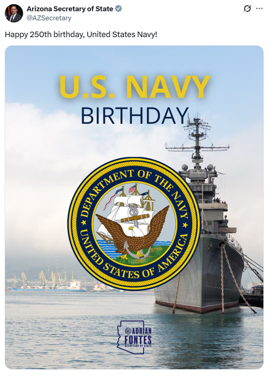 亚利桑那州州务卿阿德里安·丰特斯13日发布帖文,附上了“库图佐夫”号巡洋舰的图片。图为该帖文截图