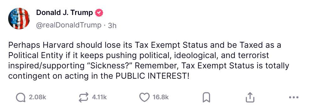 特朗普在 Truth Social 上指责哈佛大学