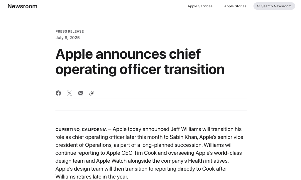 苹果二把手,退休了