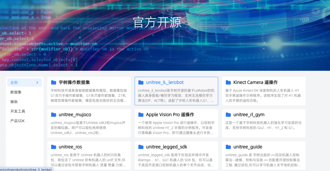 天工与宇树的官方开源页面，图源官网