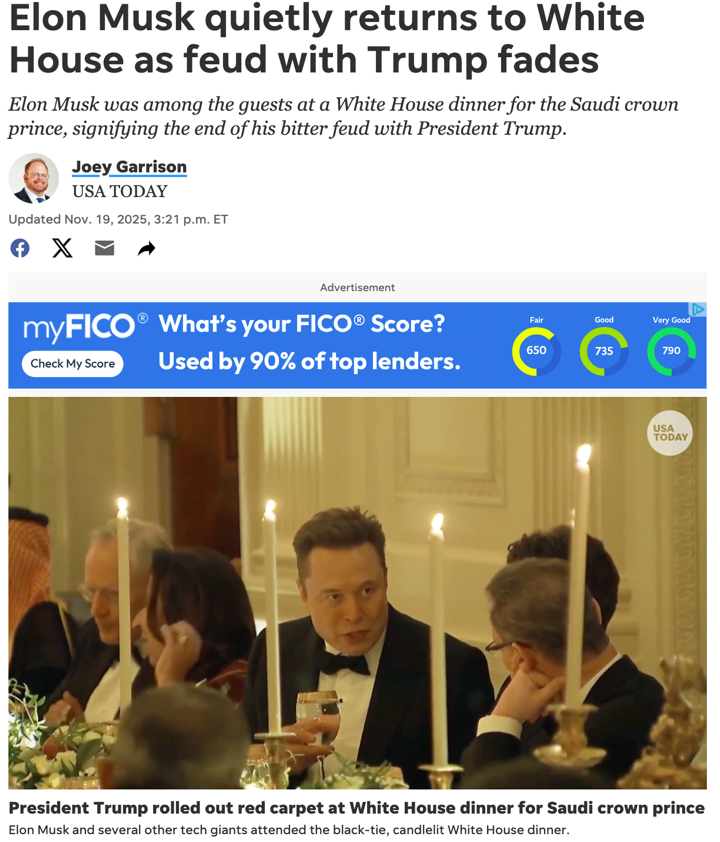 △《今日美国》报道, 在彼此关系破裂数月后,马斯克首次在华盛顿公开露面,其平静返回白宫,显示与总统特朗普之间的矛盾已经降温