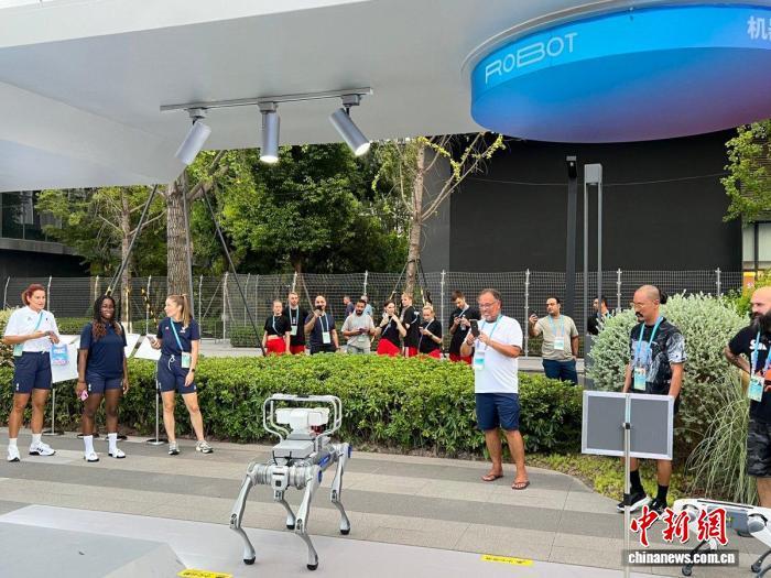 运动员围观成都世运村内的机器狗。成都世运会执委会供图