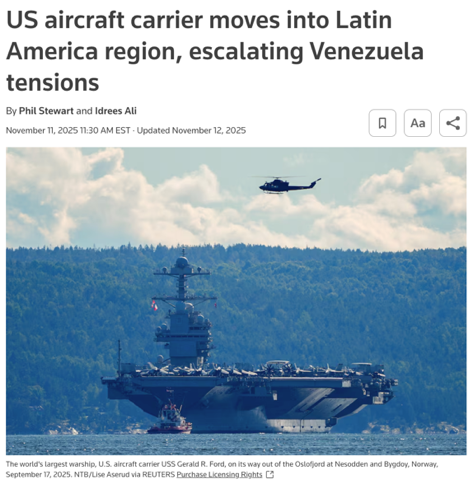 △路透社报道,针对“福特”号航母驶近委内瑞拉近海,马杜罗否认自己与毒品有关,称美国此举旨在推翻其政权。