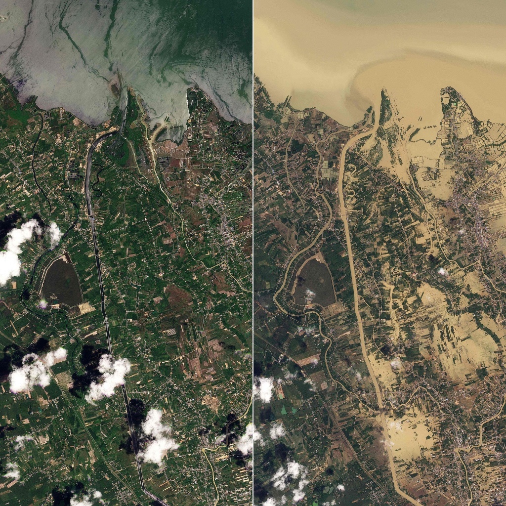当地时间2025年12月1日,卫星图像组合图显示,2025年10月6日(左图)和2025年11月30日(右图),热带气旋“迪特瓦”袭击泰国湾后,泰国南部宋卡湖沿岸的景象。视觉中国 图