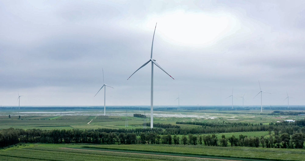 图为吉林省白城市通榆县同发风力发电厂内的风机。新华社发