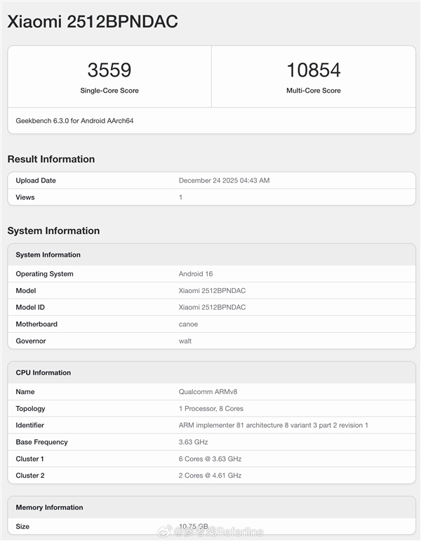 小米17 Ultra跑分现身：第五代骁龙8至尊版、12GB内存起步