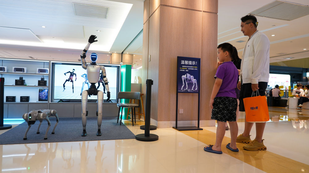 顾客在丹尼斯大卫城等待操作智能机器人和机器狗。新华社记者刘振坤 摄