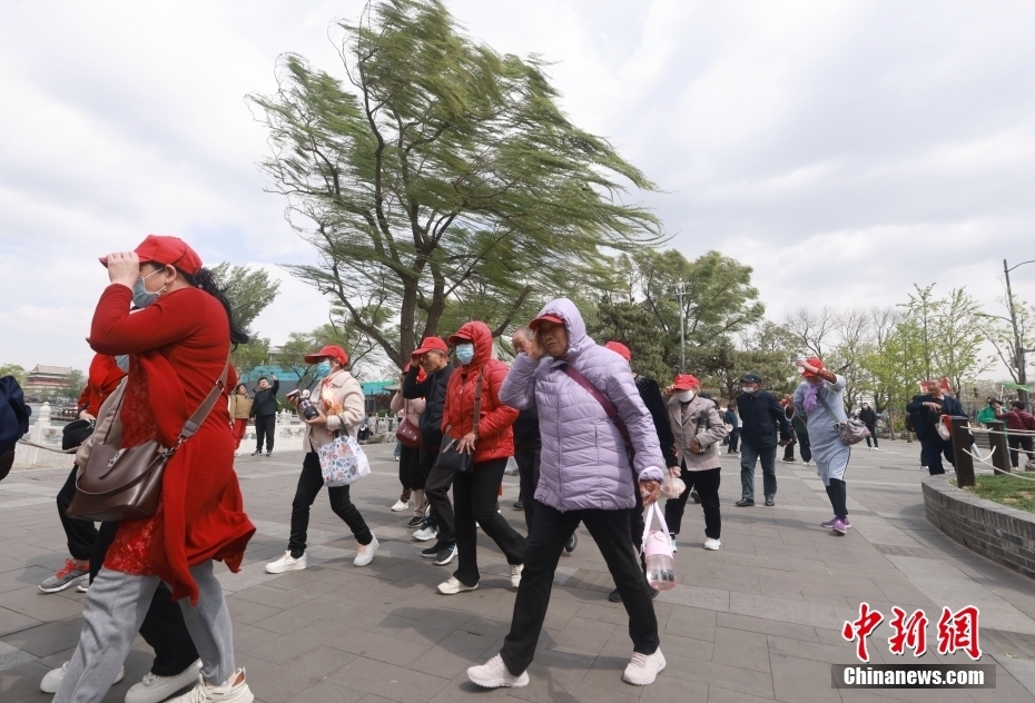 4月12日，游客在什刹海地区游览。当日白天，北京大风进入本次过程最强时段。中新社记者 贾天勇 摄
