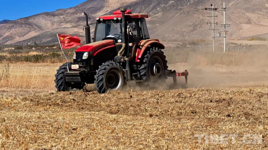 图为江玛坚村综合加工农民专业合作社的农机正在田地间工作