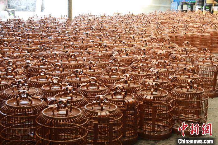 图为摆放整齐的鸟笼成品。梁旎旎 摄