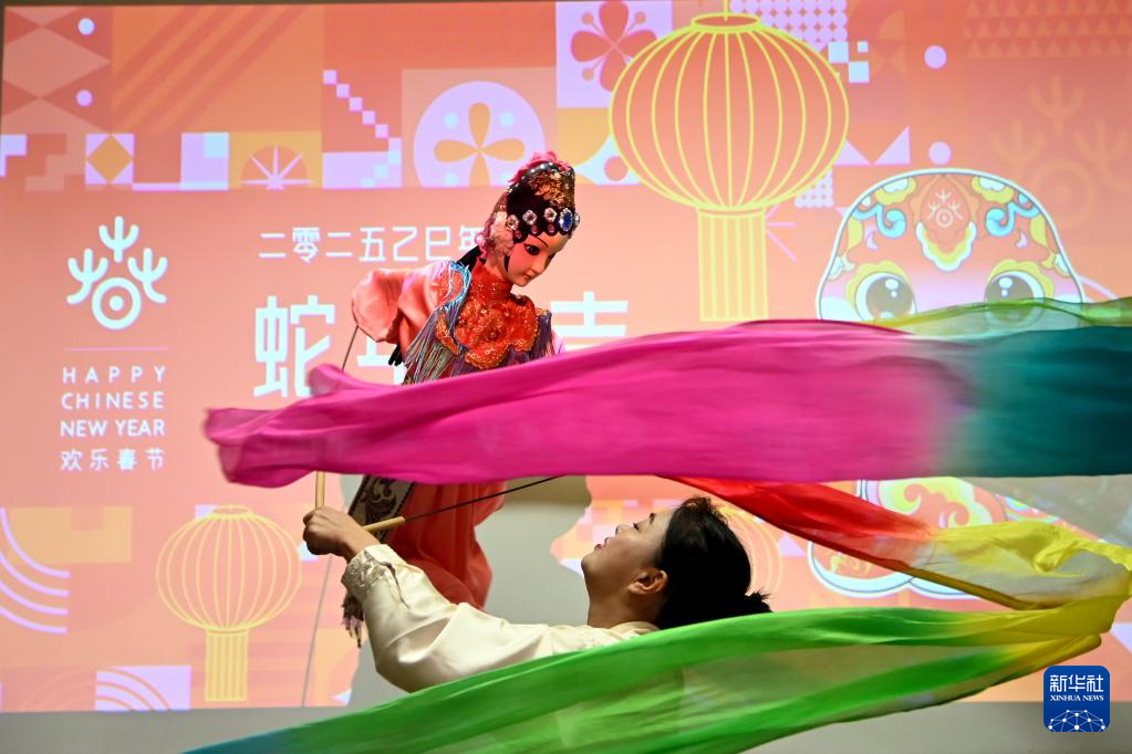 2月8日，艺术家在马耳他瓦莱塔中国文化中心举行的“欢乐春节”庙会上进行木偶戏表演。新华社发（乔纳森·博格摄）