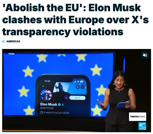 △“法国24”电视台称,针对欧委会罚单,马斯克在互联网上掀起了堪称疯狂的舆论风暴,发表了一系列攻击欧盟的言论