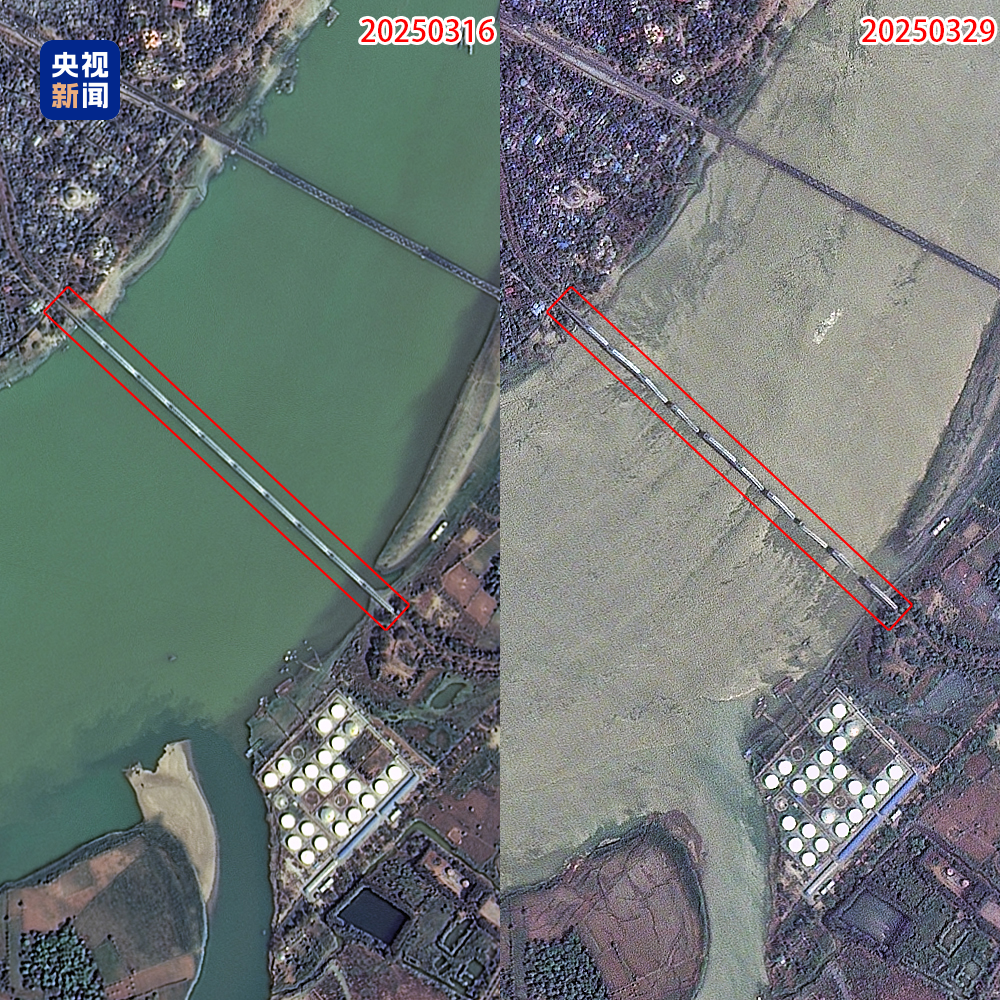 缅甸地震受灾前后光学卫星图像（灾前：高分一号03卫星2025年3月16日采集，灾后：资源一号02D卫星2025年3月29日采集）。