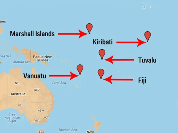 瓦努阿图(Vanuatu)和部分南太平洋岛国位置。
