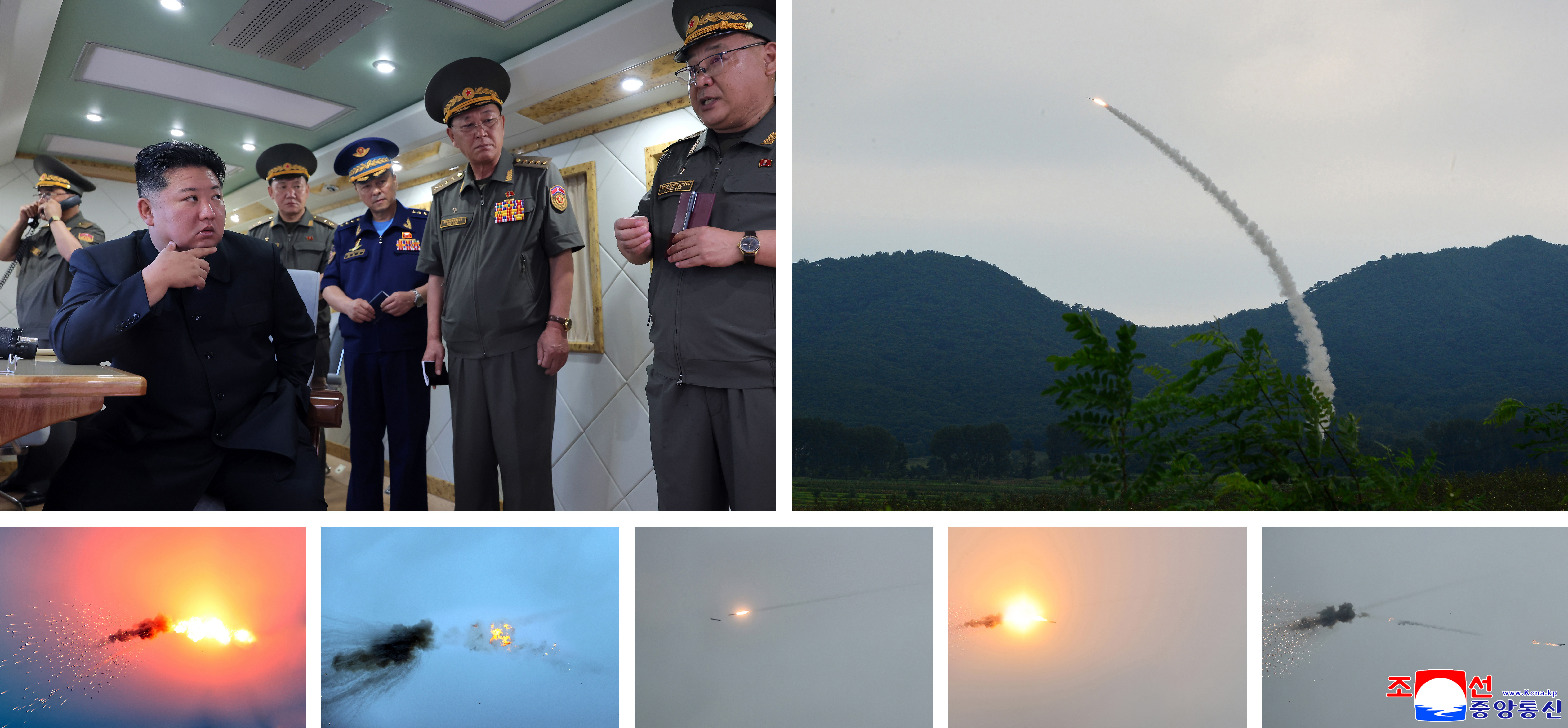 导弹试射和金正恩现场观摩的组图。新华社/朝中社
