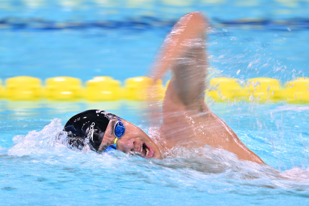 2025年11月17日,山东队选手张展硕在比赛中。他最终获得冠军。当日,第十五届全国运动会游泳男子1500米自由泳决赛在广东省深圳市举行。新华社记者 陈益宸 摄