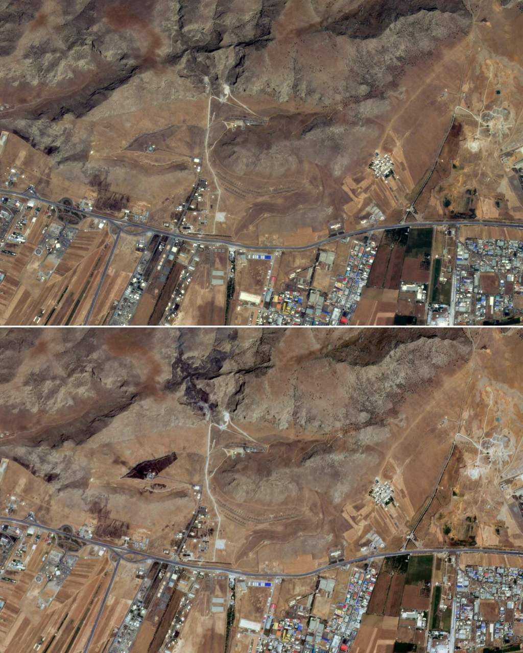 克尔曼沙阿导弹基地遭袭前后。上图:2025年6月12日,下图:2025年6月13日