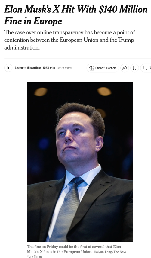 △《纽约时报》评论,此案被视为对欧洲官员是否愿意不顾与美国对抗的风险、继续监管科技公司的考验