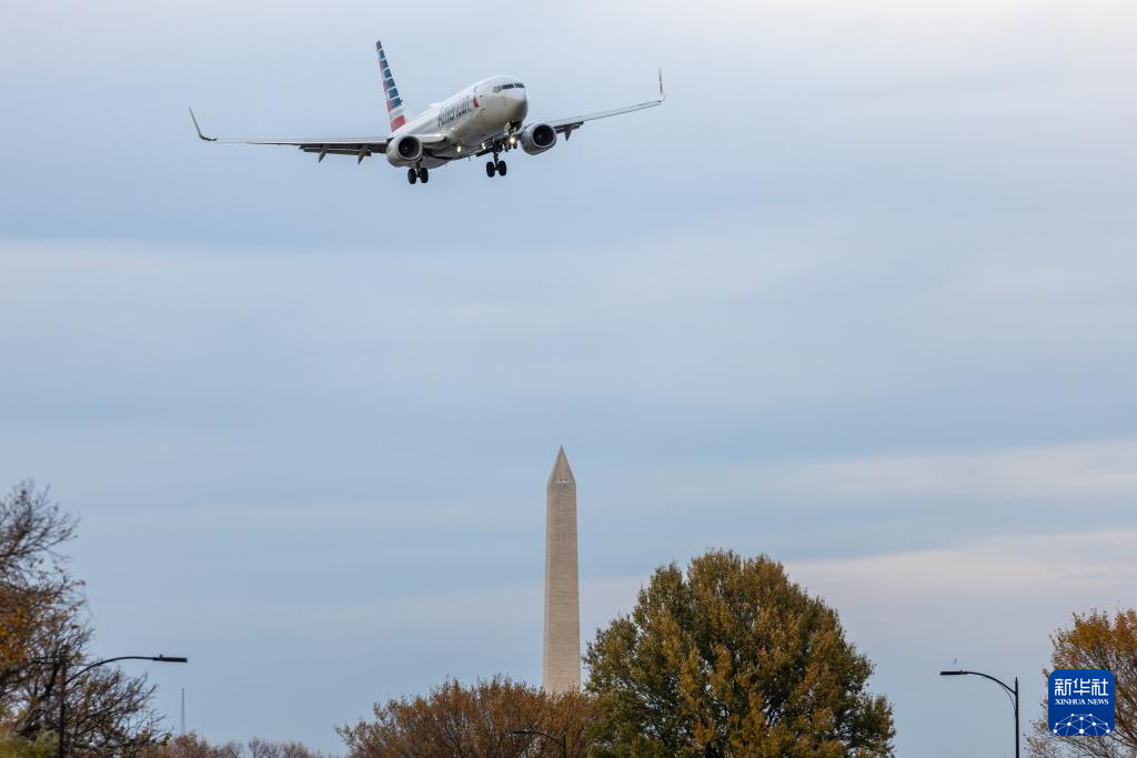 11月7日，一架美国航空公司飞机准备降落在美国弗吉尼亚州阿灵顿的里根国家机场。新华社记者 胡友松 摄