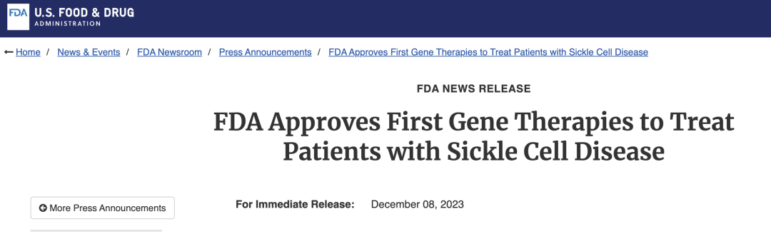 FDA 批准首个 CRISPR 基因编辑疗法 Casgevy