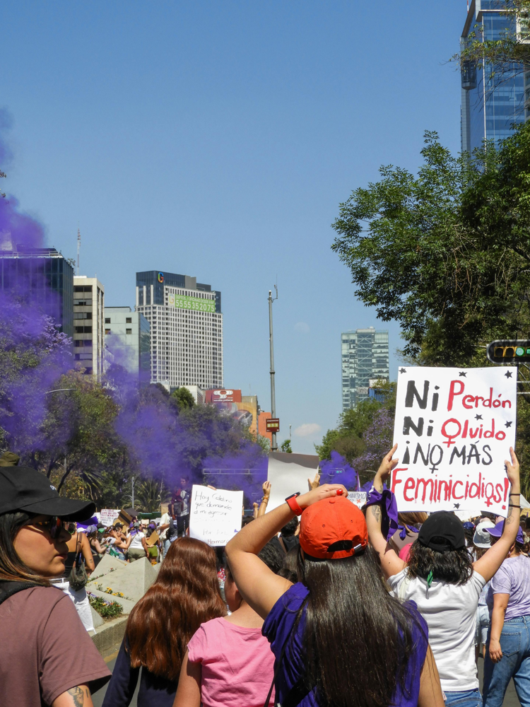 图片为墨西哥城女性集会抗议性别暴力,举牌呼吁“没有原谅,没有遗忘,不再有性别谋杀”。