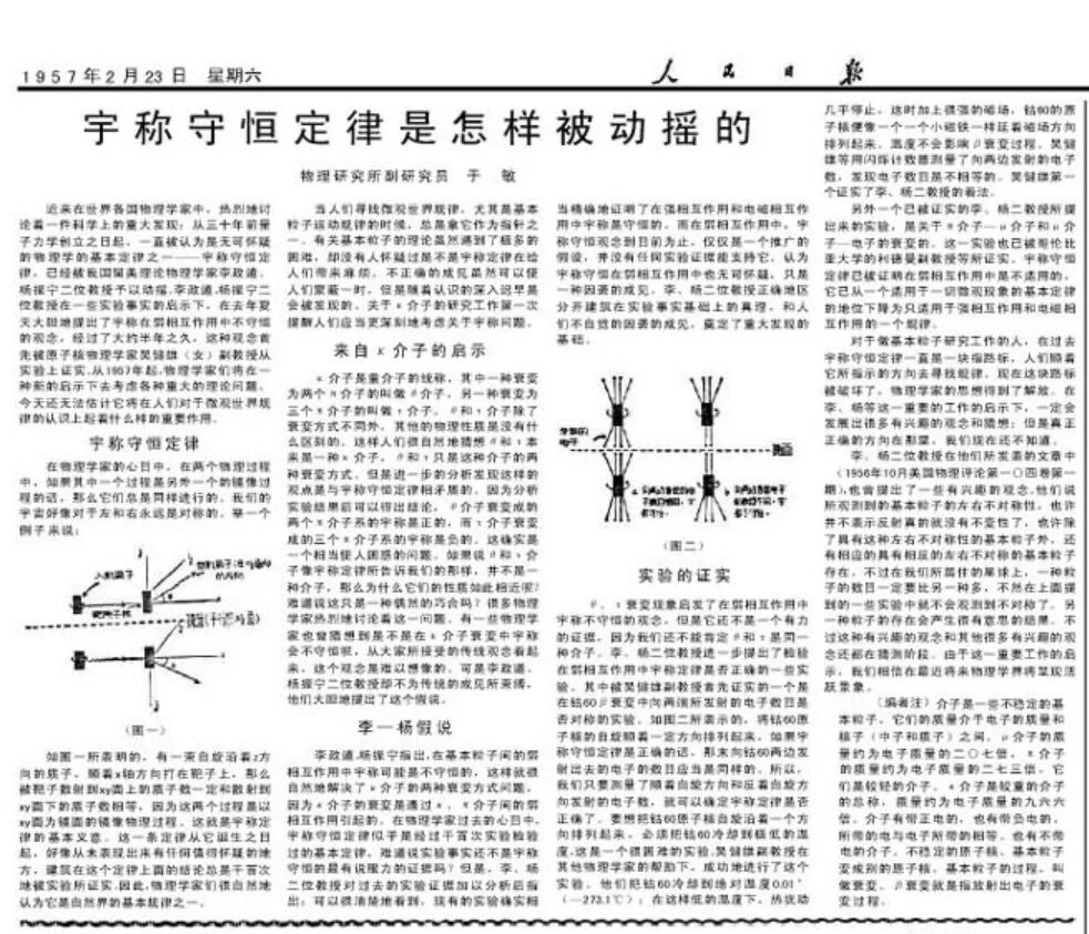 于敏在人民日报上发表的解读文章《宇称守恒定律是怎样被动摇的》